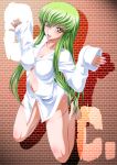  1girl bare_legs barefoot blush breasts brick_wall c.c. character_name cleavage code_geass commentary_request dress_shirt green_hair hair_between_eyes hands_up highres kaname_aomame kneeling large_breasts looking_at_viewer navel no_bra no_pants open_clothes open_shirt shadow shirt sidelocks sleeves_past_wrists smile solo white_shirt yellow_eyes 