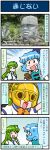  2girls 4koma artist_self-insert blue_eyes blue_hair closed_eyes comic commentary_request detached_sleeves frog_hair_ornament green_eyes green_hair hair_ornament hair_tubes heterochromia highres holding holding_umbrella juliet_sleeves kochiya_sanae long_hair long_sleeves mask mizuki_hitoshi multiple_girls nontraditional_miko open_mouth puffy_sleeves red_eyes sailor_collar sailor_shirt shirt short_hair short_sleeves smile snake_hair_ornament statue sweatdrop tatara_kogasa touhou translation_request umbrella vest wide_sleeves 