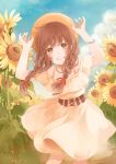 1girl :d blue_sky blush bracelet braid brown_eyes brown_hair clouds commentary_request cropped_legs day dress flower hair_ribbon hands_on_headwear hat jewelry long_hair looking_at_viewer millcutto open_mouth original red_ribbon ribbon sky smile solo sun_hat sundress sunflower tress_ribbon twin_braids yellow_dress 