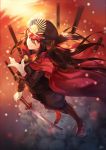  1girl black_hair cape demon_archer family_crest fate/grand_order fate_(series) from_above full_body gloves hat katana koha-ace long_hair looking_at_viewer looking_up military military_uniform naguri oda_uri peaked_cap red_eyes smile solo standing sunset sword uniform weapon white_gloves wind 