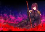  1girl armor bodysuit breasts fate/grand_order fate_(series) flower gae_bolg holding holding_weapon jewelry large_breasts long_hair looking_at_viewer lying on_side parted_lips pauldrons polearm purple_bodysuit purple_hair red_eyes scathach_(fate/grand_order) shoulder_armor solo spear weapon zucchini 