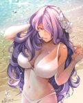  1girl arm_up artist_name bangs beach bikini breasts camilla_(fire_emblem_if) cleavage dated day fire_emblem fire_emblem_if flower hair_flower hair_ornament hair_over_one_eye hand_in_hair hand_up hibiscus kero_sweet large_breasts long_hair looking_at_viewer nail_polish navel ocean outdoors parted_lips purple_hair signature smile solo swimsuit upper_body water_drop wavy_hair white_bikini white_flower 