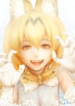  1girl animal_ears bow bowtie elbow_gloves eyebrows_visible_through_hair fangs gloves kemono_friends khn_(kihana) looking_at_viewer open_mouth orange_bow orange_bowtie orange_eyes orange_hair serval_(kemono_friends) serval_ears smile solo teeth upper_body white_gloves 