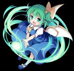  1girl baku_ph black_background blue_dress breasts daiyousei dress energy_ball fairy_wings green_eyes green_hair magic open_mouth outstretched_arms ribbon shirt shoes short_hair side_ponytail simple_background solo touhou white_shirt wind wind_lift wings 
