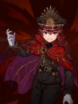  1girl absurdres black_hair cape demon_archer family_crest fate/grand_order fate_(series) gloves grin hat highres koha-ace long_hair looking_at_viewer makise_medaka military military_uniform oda_uri open_mouth peaked_cap red_eyes smile solo uniform 