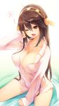  1girl ahoge arm_up bangs bed between_legs breasts brown_eyes brown_hair cleavage collarbone dress_shirt eyebrows_visible_through_hair hair_between_eyes hairband hand_between_legs haruna_(kantai_collection) highres ichikawa_noa kantai_collection large_breasts long_hair naked_shirt one_eye_closed open_mouth shirt sidelocks sleeves_past_wrists solo thighs waking_up yawning 