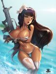  1girl 2017 artist_name ass_visible_through_thighs assault_rifle bangs bare_arms bare_shoulders bikini blunt_bangs blurry blurry_background breast_hold breasts brown_hair bullpup cleavage collarbone contrapposto cowboy_shot dark_skin dated day depth_of_field flower front-tie_bikini front-tie_top girls_frontline gluteal_fold groin gun hair_flower hair_ornament holding holding_gun holding_weapon large_breasts legs_together lily_(flower) long_hair looking_at_viewer midriff navel ocean open_mouth outdoors partially_submerged qbz-95 qbz-95_(girls_frontline) rifle santafe99 side-tie_bikini solo sparkle stomach string_bikini swimsuit teeth thigh-highs thigh_gap tongue untied untied_bikini very_long_hair wardrobe_malfunction water weapon white_bikini white_flower white_legwear wide_hips yellow_eyes 
