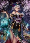  1girl aoandon blush breasts cleavage fangs flower green_lipstick green_nails hair_flower hair_ornament highres large_breasts lipstick long_hair looking_at_viewer makeup nail_polish one_eye_closed onmyoji parted_lips ryuu32 silver_hair smile solo teeth violet_eyes 