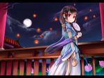  1girl black_hair blush calligraphy_brush_(medium) closed_mouth fan fenyuat highres holding holding_fan looking_at_viewer mid-autumn_festival original pink_eyes railing short_hair short_sleeves smile solo 