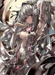  10s 1girl arm_up armpits bangs blush breasts center_opening clockwork_planet closed_mouth cowboy_shot detached_sleeves hair_ornament long_hair long_sleeves looking_at_viewer medium_breasts midriff red_eyes ryuzu_(clockwork_planet) shino_(eefy) silver_dress silver_hair solo 