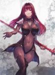  1girl absurdres bangs bodysuit breasts covered_navel cropped_legs fate/grand_order fate_(series) gae_bolg hair_intakes highres holding holding_spear holding_weapon irikawa long_hair looking_at_viewer medium_breasts open_mouth painting polearm red_eyes redhead scathach_(fate/grand_order) smile solo spear standing thigh-highs weapon 