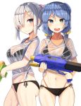  2girls alternate_hairstyle bikini black_bikini blue_eyes blue_hair blush breasts closed_mouth collarbone double_bun gluteal_fold hair_ornament hairclip hamakaze_(kantai_collection) kantai_collection long_hair looking_at_viewer medium_breasts multiple_girls navel open_mouth panties plan_(planhaplalan) see-through shirt short_hair side-tie_panties silver_hair simple_background skindentation smile standing swimsuit tied_hair twintails underwear upper_body urakaze_(kantai_collection) water_gun wet wet_clothes wet_shirt wet_t-shirt white_background 