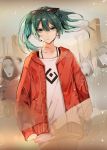  1girl bangs closed_mouth cowboy_shot dust earrings eyebrows_visible_through_hair green_eyes green_hair hair_between_eyes hatsune_miku highres hoop_earrings jacket jewelry long_hair looking_at_viewer mask naru_(ul) outdoors red_jacket shirt sleeves_past_wrists solo spaghetti_strap standing suna_no_wakusei_(vocaloid) sunglasses sunglasses_on_head tsurime twintails vocaloid walking white_shirt 