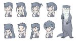  1girl afro alternate_hair_length alternate_hairstyle bangs bangs_pinned_back braid drill_hair fur_collar grey_eyes grey_hair hair_ornament hair_over_eyes hair_over_shoulder hairclip half_updo kemono_friends long_hair looking_at_viewer multicolored_hair multiple_views otter otter_ears roonhee short_hair simple_background single_braid sketch small-clawed_otter_(kemono_friends) smile upper_body variations white_background white_hair 