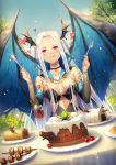  1girl :q aqua_nails bible_bullet black_wings blue_wings blush breasts cake closed_mouth collarbone cup day demon_wings detached_sleeves drinking_glass dutch_angle food forehead fork half-closed_eyes hands_up head_wings heart highres holding holding_fork holding_knife kebab knife long_hair medium_breasts nail_polish nidhogg_(bible_bullet) official_art outdoors sidelocks silver_hair sitting solo sparkle table tidsean tongue tongue_out tsurime very_long_hair violet_eyes wine_glass wings 