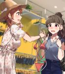  10s 2girls absurdres bag bangs bikini blunt_bangs blush bracelet brown_eyes brown_hair clothes_hanger dress earrings eyebrows eyebrows_visible_through_hair hair_bun hair_ornament hair_scrunchie handbag hat highres houjou_karen idolmaster idolmaster_cinderella_girls indoors jewelry kamiya_nao kurokin long_hair low_ponytail multiple_girls nail_polish necklace open_mouth pants pink_nails red_bikini red_eyes scrunchie short_sleeves smile swimsuit thick_eyebrows watch watch 