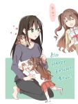  10s black_hair brown_hair child closed_eyes drawing gift green happy_birthday highres idolmaster idolmaster_cinderella_girls long_hair minigirl multiple_girls one_side_up open_mouth shibuya_rin shimamura_uzuki smile time_paradox younger yuka_(mikuxluka) 