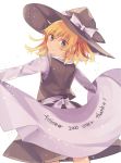  1girl blonde_hair blue_eyes blush coda_(ankoprpr3700) followers grin hat highres kirisame_marisa long_sleeves looking_at_viewer looking_back sash shawl short_hair skirt skirt_set smile solo touhou vest witch_hat 