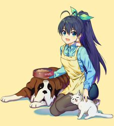  1girl :d absurdres antenna_hair apron black_hair blue_shirt cat dated dog dress_shirt fang full_body ganaha_hibiki green_eyes hair_ribbon hamster hamuzou high_ponytail highres idolmaster inumi kneeling long_hair makise_medaka open_mouth pantyhose ponytail ribbon shirt skirt smile very_long_hair yellow_background 