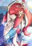  1girl blush breasts chrokey fins fish_girl hair_ornament highres jewelry long_hair looking_at_viewer mipha monster_girl multicolored multicolored_skin no_eyebrows red_skin redhead solo the_legend_of_zelda the_legend_of_zelda:_breath_of_the_wild yellow_eyes zora 