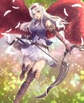  1girl alternate_costume arrow boots bow_(weapon) elbow_gloves feathers gloves hairband irohakaede kantai_collection long_hair looking_at_viewer open_mouth quiver scabbard shadowverse sheath shoukaku_(kantai_collection) skirt solo sword thigh-highs thigh_boots weapon white_hair white_skirt yellow_eyes 