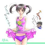  1boy 1girl black_hair blush buruma dress floral_print hair_ornament jewelry kazama_jin ling_xiaoyu namco tekken tongue tongue_out translation_request twintails 