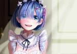  1girl blue_eyes blue_hair breasts cleavage crying crying_with_eyes_open eyebrows_visible_through_hair eyes_visible_through_hair hair_ornament hair_over_one_eye large_breasts looking_at_viewer maid maid_headdress parted_lips re:zero_kara_hajimeru_isekai_seikatsu rem_(re:zero) smile solo tears tomu_(zundaizu106) x_hair_ornament 