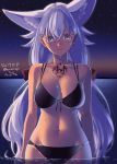  1girl animal_ears arms_at_sides artist_name bikini black_bikini bow breasts closed_mouth colored_eyelashes dark_skin dated eyebrows_visible_through_hair hair_between_eyes hair_bow hair_ornament hairclip heriwo_(haraheridou) horizon lavender_hair light_brown_eyes long_hair looking_at_viewer medium_breasts multi-strapped_bikini navel night original outdoors smile solo swimsuit tattoo twitter_username very_long_hair wading wet 