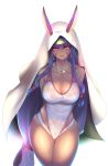  1girl animal_ears bare_shoulders breasts dark_skin fate/grand_order fate_(series) highres hips hood jewelry long_hair looking_at_viewer low-tied_long_hair necklace nikuku_(kazedesune) nitocris_(fate/grand_order) nitocris_(swimsuit_assassin)_(fate) purple_hair rabbit_ears red_eyes simple_background solo thick_thighs thighs very_long_hair white_background wide_hips 