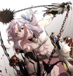  1girl abs belt black_sclera blood bow chains claws clenched_teeth fate/grand_order fate_(series) hair_bow i-pan mouth_hold penthesilea_(fate/grand_order) ripping silver_hair solo strapless teeth tubetop vambraces yellow_eyes 