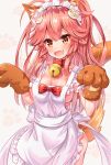  1girl animal_ears apron bell bell_collar bow breasts cat_hair_ornament cleavage collar fang fate/grand_order fate_(series) fox_ears fox_tail frilled_apron frills hair_ornament highres long_hair looking_at_viewer maid_headdress medium_breasts naked_apron open_mouth paw_print paws pink_hair pupupu_(1053378452) sideboob solo tail tamamo_(fate)_(all) tamamo_cat_(fate) yellow_eyes 