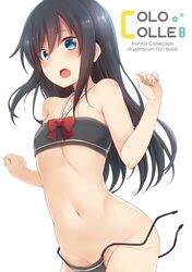  1girl asashio_(kantai_collection) bandeau bangs bare_arms bare_shoulders bikini black_bikini black_hair blue_eyes blush bow_bikini collarbone copyright_name cowboy_shot eyebrows_visible_through_hair fingernails flat_chest groin hair_between_eyes halter_top halterneck hands_up kantai_collection long_hair midriff nagami_yuu navel open_mouth red_bikini side-tie_bikini sidelocks simple_background solo stomach swimsuit untied untied_bikini wardrobe_malfunction white_background 