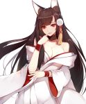  1girl absurdres akagi_(bilan_hangxian) animal_ears ban_bu_bu_duou bangs bilan_hangxian blunt_bangs blush breasts brown_hair cleavage eyebrows_visible_through_hair fox_ears hair_ornament hand_up highres japanese_clothes large_breasts long_hair looking_at_viewer parted_lips red_eyes simple_background smile solo very_long_hair white_background wide_sleeves 