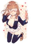  10s 1girl ;p adjusting_glasses bangs bent_over black_legwear blunt_bangs blush breasts brown_eyes brown_hair cellphone center_opening cleavage collarbone from_above full_body girls_und_panzer glasses heart kneeling large_breasts loafers nail_polish no_bra one_eye_closed ooarai_military_uniform open_clothes open_shirt phone red-framed_eyewear school_uniform self_shot semi-rimless_glasses shirt shoes skindentation skirt solo subachi takebe_saori thigh-highs thighs tongue tongue_out under-rim_glasses white_skirt 
