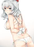  1girl arms_behind_back ass bikini blue_eyes blush bound bound_wrists breasts butt_crack embarrassed eyebrows_visible_through_hair hair_tie highres kantai_collection kashima_(kantai_collection) large_breasts long_hair looking_back rinarisa side-tie_bikini sideboob silver_hair simple_background skindentation solo swimsuit twintails underwear white_background white_bikini 