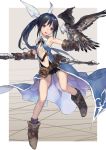  1girl :d bangs bare_legs belt bird black_hair boots bow brown_boots brown_gloves falcon falconry fantasy full_body gloves hair_bow holding holding_weapon jiyu2 long_hair looking_at_another open_mouth original ponytail shiny shiny_hair sidelocks smile solo teeth violet_eyes weapon white_bow 