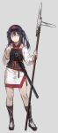  1girl armor black_hair fangdan_runiu full_body grey_background highres holding holding_weapon kneehighs long_hair original simple_background smile solo weapon yellow_eyes 