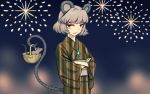  1girl alternate_costume animal animal_ears basket crossed_arms fireworks grey_hair japanese_clothes jewelry kimono looking_at_viewer meitei mouse mouse_ears mouse_tail nazrin pendant red_eyes short_hair solo tail touhou yukata 