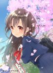 1girl bag bangs blush brown_eyes brown_hair cherry_blossoms closed_mouth day dutch_angle eyebrows_visible_through_hair floating_hair from_side highres long_hair long_sleeves looking_at_viewer minamoto_mamechichi neckerchief official_art original outdoors petals red_neckerchief school_bag school_uniform serafuku smile solo watermark 