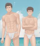  2boys abs adjusting_fundoshi blue_sky brown_eyes brown_hair bulge clouds crossed_arms fundoshi japanese_clothes looking_at_another looking_down looking_to_the_side male_focus multiple_boys muscle_envy nipples ocean open_mouth original sky 