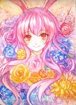  1girl animal_ears ballpoint_pen_(medium) bangs blue_rose blush color_ink_(medium) commentary flower flower_request looking_at_viewer mirror_(xilu4) pink_hair rabbit_ears red_eyes red_rose reisen_udongein_inaba rose smile solo touhou traditional_media 