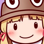  bangs blonde_hair blush chibi close-up commentary_request face hat looking_at_viewer moriya_suwako smile tottsuman touhou wide_face 