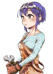  1girl absurdres bandaid bandaid_on_face breasts collarbone ear_piercing earrings gloves goggles goggles_on_head highres jewelry medium_breasts nakahara_kaihei original overalls piercing pouty_lips purple_hair shirt short_hair_with_long_locks solo striped striped_shirt upper_body wrench 