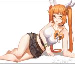  1girl bare_legs bare_shoulders bracelet breasts camisole choker crop_top eyeliner frilled_skirt frills hair_ornament jewelry large_breasts letterboxed long_hair looking_at_viewer lying makeup midriff navel open_mouth orange_hair sangai_senki seinen shirt simple_background skirt solo sun_wukong taut_clothes taut_shirt twintails watermark web_address weibo_username white_background yellow_eyes 