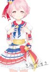  blue_bow blush bow braid hand_up highres leona_west looking_at_viewer machico musical_note_hair_ornament pink_eyes pink_hair pripara red_bow short_hair short_sleeves skirt standing white_skirt 