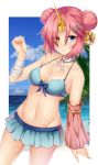  1girl bandage berserker_of_black bikini bikini_skirt blue_eyes breasts cleavage double_bun eyes_visible_through_hair fate/apocrypha fate/grand_order fate_(series) hair_ornament hair_over_one_eye heterochromia highres horn kuragari navel open_mouth pink_hair solo swimsuit yellow_eyes 