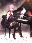  1girl black_dress black_gloves black_legwear blush bouquet breasts cleavage dress fate/grand_order fate_(series) floral_print flower fou_(fate/grand_order) gloves grand_piano hair_over_one_eye high_heels instrument large_breasts looking_at_viewer namie-kun petals piano piano_bench pink_hair rose shielder_(fate/grand_order) short_hair sitting smile solo thigh-highs violet_eyes zettai_ryouiki 