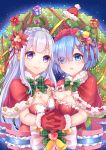  2girls bell blue_eyes blue_hair blush breast_press breasts chuor_(chuochuoi) cleavage closed_mouth emilia_(re:zero) gift gloves hair_ornament hand_holding hat hat_removed headwear_removed heart large_breasts looking_at_viewer multiple_girls parted_lips re:zero_kara_hajimeru_isekai_seikatsu red_gloves red_hat rem_(re:zero) santa_hat smile symmetrical_docking violet_eyes white_hair x_hair_ornament 