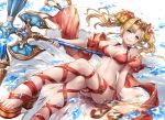  10s 1girl bad_perspective bikini blonde_hair blush breasts cleavage error flower granblue_fantasy green_eyes hair_flower hair_ornament hibiscus legs_crossed lma long_hair looking_at_viewer medium_breasts navel o-ring_bikini o-ring_top polearm red_bikini shawl side-tie_bikini sitting smile solo spear sunglasses sunglasses_on_head swimsuit twintails water weapon zeta_(granblue_fantasy) 