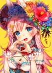  1girl blue_eyes blush breasts cleavage eyebrows_visible_through_hair flower hair_ornament hairclip hat hat_flower heart heart_hands highres large_breasts long_hair looking_at_viewer nail_polish open_mouth original pierorabu pink_hair smile solo star star_hair_ornament upper_body 